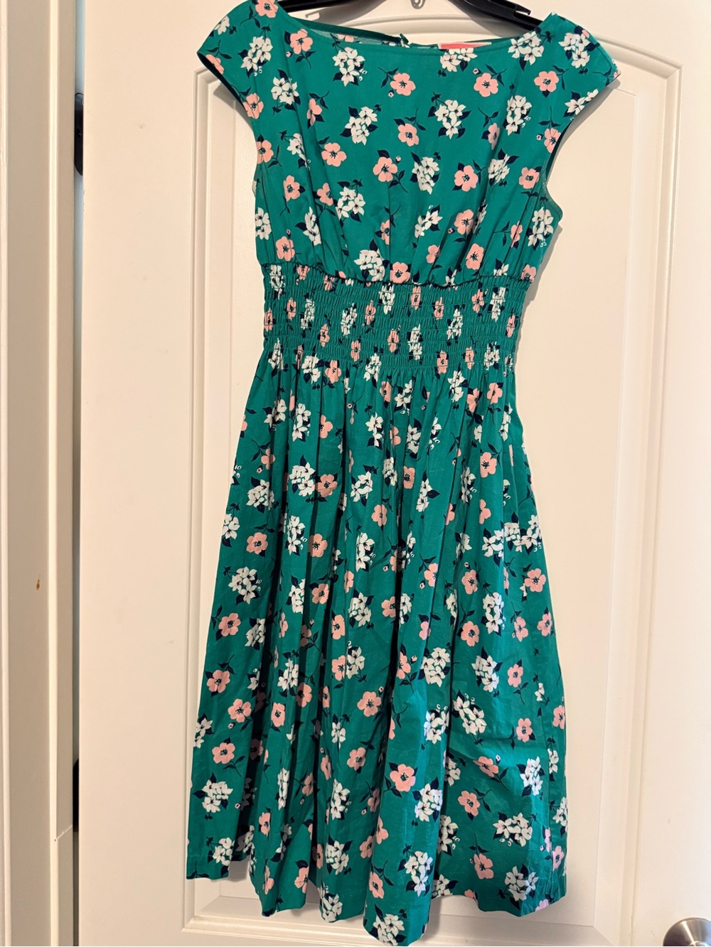 kate Spade Green Floral Smocked Waist Sundress with Pink & White Blooms